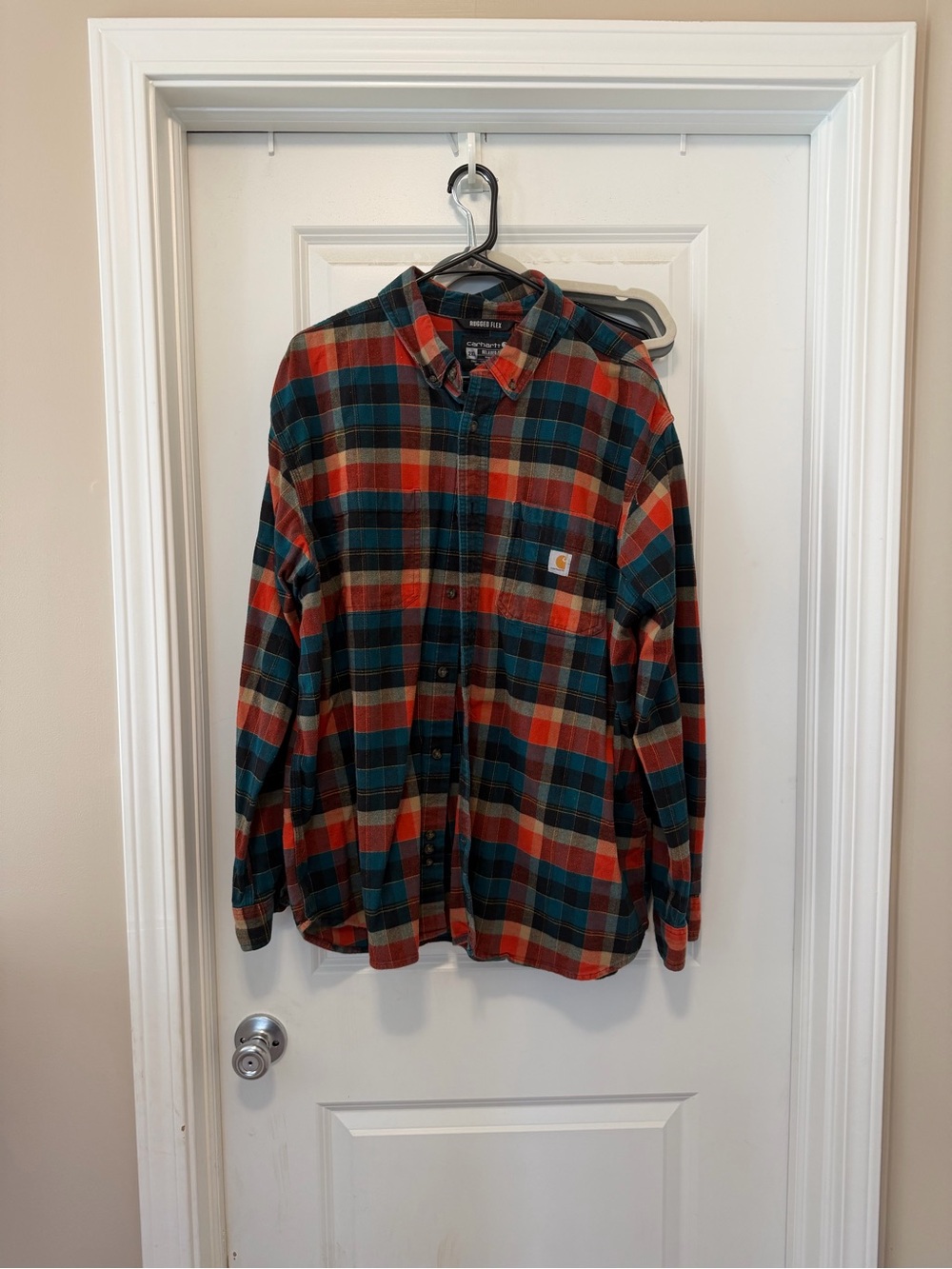Carhartt Men's Plaid Button-Down Shirt - Teal, Orange & Brown